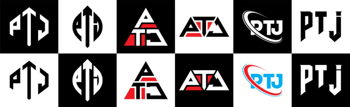 PTJ letter logo design in six style. PTJ polygon, circle, triangle, hexagon, flat and simple style with black and white color variation letter logo set in one artboard. PTJ minimalist and classic logo