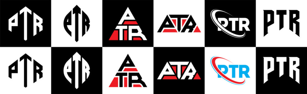 PTR letter logo design in six style. PTR polygon, circle, triangle, hexagon, flat and simple style with black and white color variation letter logo set in one artboard. PTR minimalist and classic logo