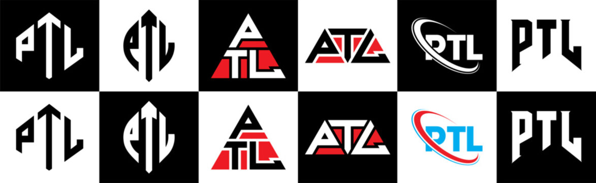 PTL letter logo design in six style. PTL polygon, circle, triangle, hexagon, flat and simple style with black and white color variation letter logo set in one artboard. PTL minimalist and classic logo