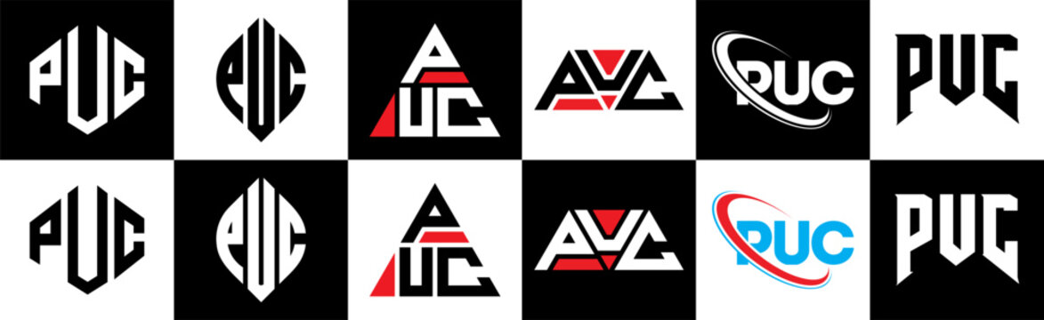 PUC letter logo design in six style. PUC polygon, circle, triangle, hexagon, flat and simple style with black and white color variation letter logo set in one artboard. PUC minimalist and classic logo
