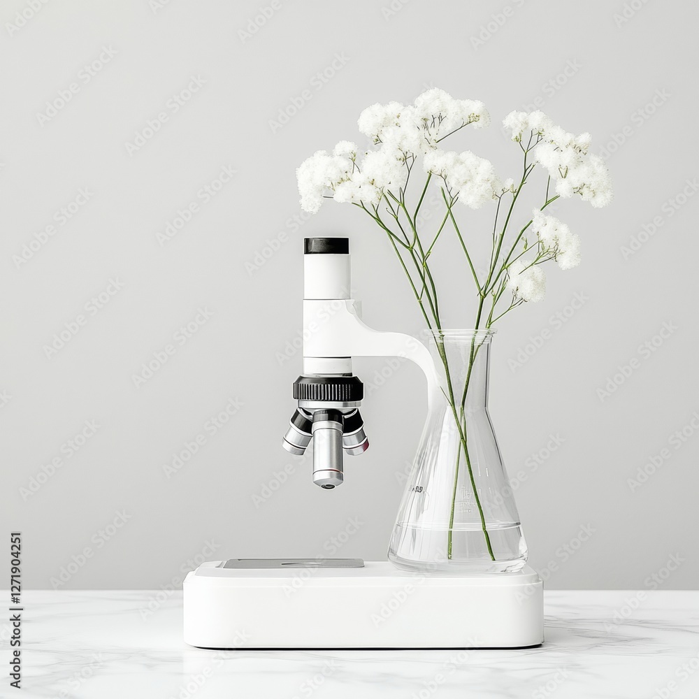 Aufkleber Minimalist Lab Aesthetic Microscope with Babys Breath in Glass Flask on Marble - Modern Scientific Branding and Laboratory Design for Clean Innovation