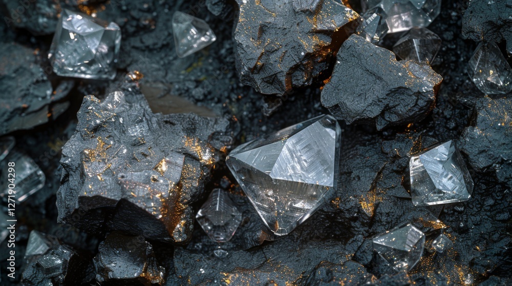 Poster in a natural environment, rough black stones lay scattered around while clear, sparkling crystals ca