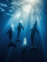 Fototapeta premium Four dolphins swim gracefully underwater, illuminated by beams of sunlight filtering through the surface.