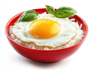 Grilled Egg Delight Kitchen Table Realistic Food Photo Brightly Lit Setting Close-Up White Rice with Fried Egg Presentation