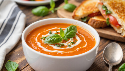 Delicious creamy tomato basil soup with grilled cheese on table, comfort food