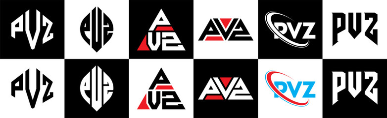 PVZ letter logo design in six style. PVZ polygon, circle, triangle, hexagon, flat and simple style with black and white color variation letter logo set in one artboard. PVZ minimalist and classic logo