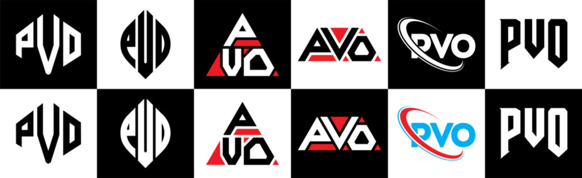 PVO letter logo design in six style. PVO polygon, circle, triangle, hexagon, flat and simple style with black and white color variation letter logo set in one artboard. PVO minimalist and classic logo