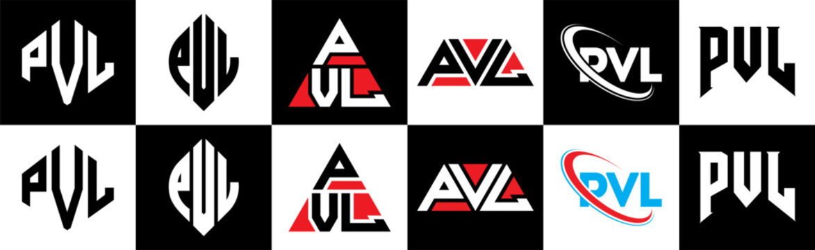 PVL letter logo design in six style. PVL polygon, circle, triangle, hexagon, flat and simple style with black and white color variation letter logo set in one artboard. PVL minimalist and classic logo