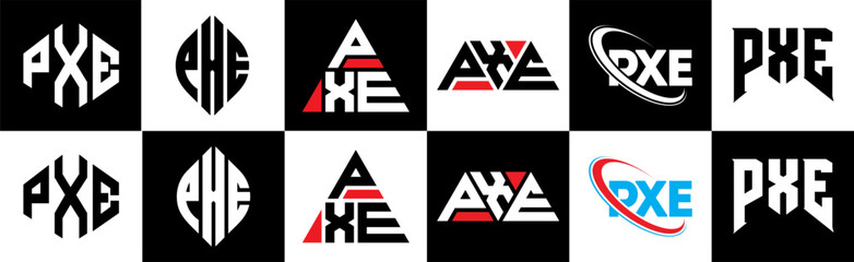 PXE letter logo design in six style. PXE polygon, circle, triangle, hexagon, flat and simple style with black and white color variation letter logo set in one artboard. PXE minimalist and classic logo