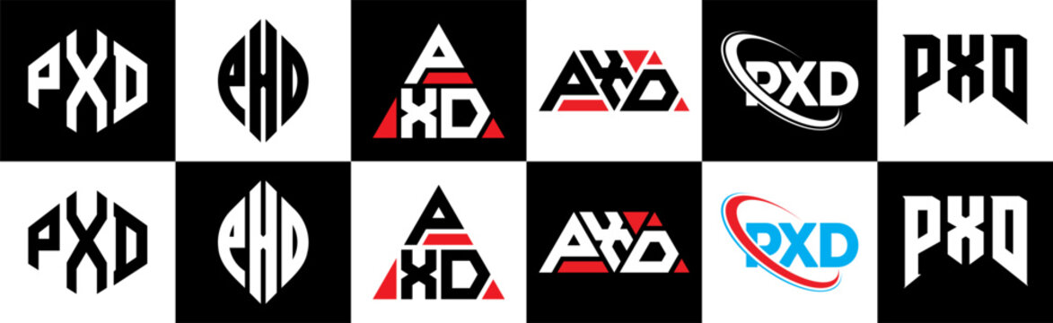 PXD letter logo design in six style. PXD polygon, circle, triangle, hexagon, flat and simple style with black and white color variation letter logo set in one artboard. PXD minimalist and classic logo