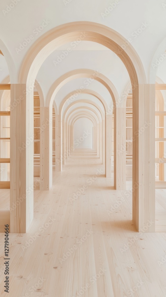 Poster minimalist scandinavian library design arched wooden architecture and open spaces for modern educati