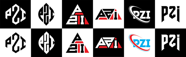 PZI letter logo design in six style. PZI polygon, circle, triangle, hexagon, flat and simple style with black and white color variation letter logo set in one artboard. PZI minimalist and classic logo