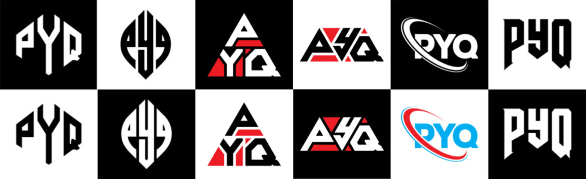 PYQ letter logo design in six style. PYQ polygon, circle, triangle, hexagon, flat and simple style with black and white color variation letter logo set in one artboard. PYQ minimalist and classic logo