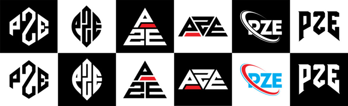 PZE letter logo design in six style. PZE polygon, circle, triangle, hexagon, flat and simple style with black and white color variation letter logo set in one artboard. PZE minimalist and classic logo
