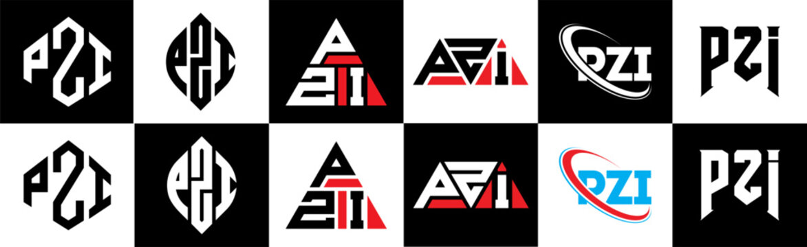 PZI letter logo design in six style. PZI polygon, circle, triangle, hexagon, flat and simple style with black and white color variation letter logo set in one artboard. PZI minimalist and classic logo
