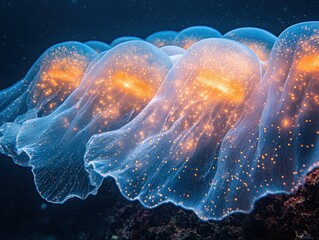 Obraz premium A mesmerizing underwater scene showcasing glowing jellyfish drifting gracefully in the deep blue ocean.