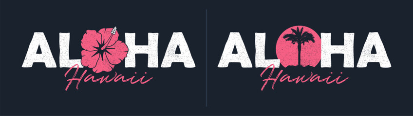 Aloha Hawaii - set of slogans for t-shirt with hibiscus flower and palm tree. Hawaii typography graphics for tee shirt. Apparel print design or badges and logos. Vector. © Roman