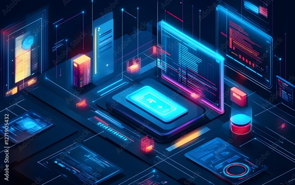 Poster a vibrant, futuristic digital interface featuring neon lights and holographic displays. ideal for re