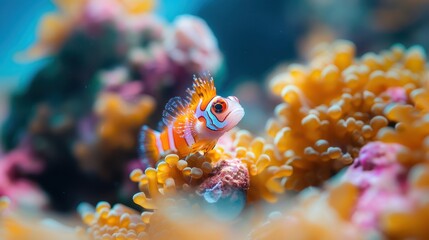 A vibrant fish swims among colorful coral, showcasing the beauty of underwater life in a stunning marine ecosystem.