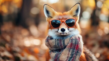 Fox wearing sunglasses and scarf in a vibrant autumn forest setting with colorful leaves. Generative AI