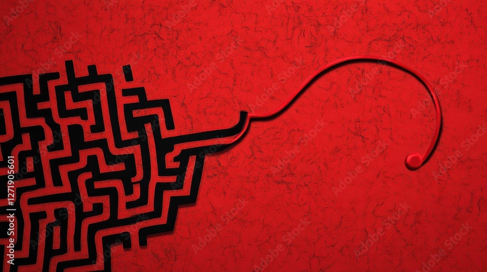 Poster black maze with a curved red fuse on red background