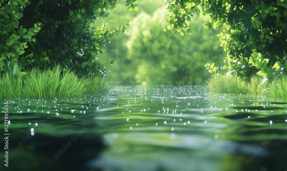 Poster serene river flowing through lush greenery with raindrops creating ripples on the surface