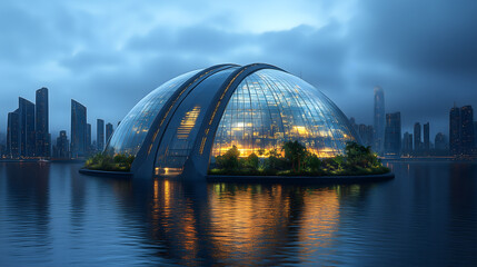 Naklejka premium futuristic cityscape featuring giant dome structure surrounded by water, illuminated at dusk. skyline showcases modern skyscrapers reflecting in water