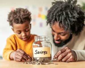 Family Financial Literacy Glass Jar of Savings with Father and Son - Empowering Generational Wealth and Economic Education for Modern Families