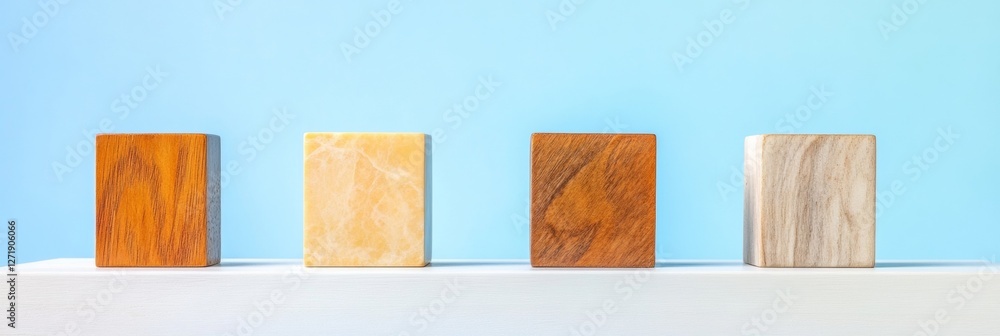 Aufkleber contemporary wooden block arrangement on minimalist shelf aesthetic concept for corporate mindfulnes