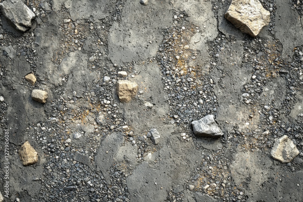 Poster a close-up shot showcases a distressed concrete surface embedded with pebbles and scattered rocks, c
