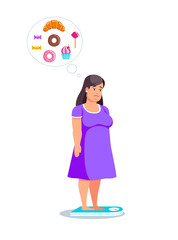 Fat woman in a purple dress looking at the floor scales. You need to follow a proper diet. Woman upset. Vector graphics