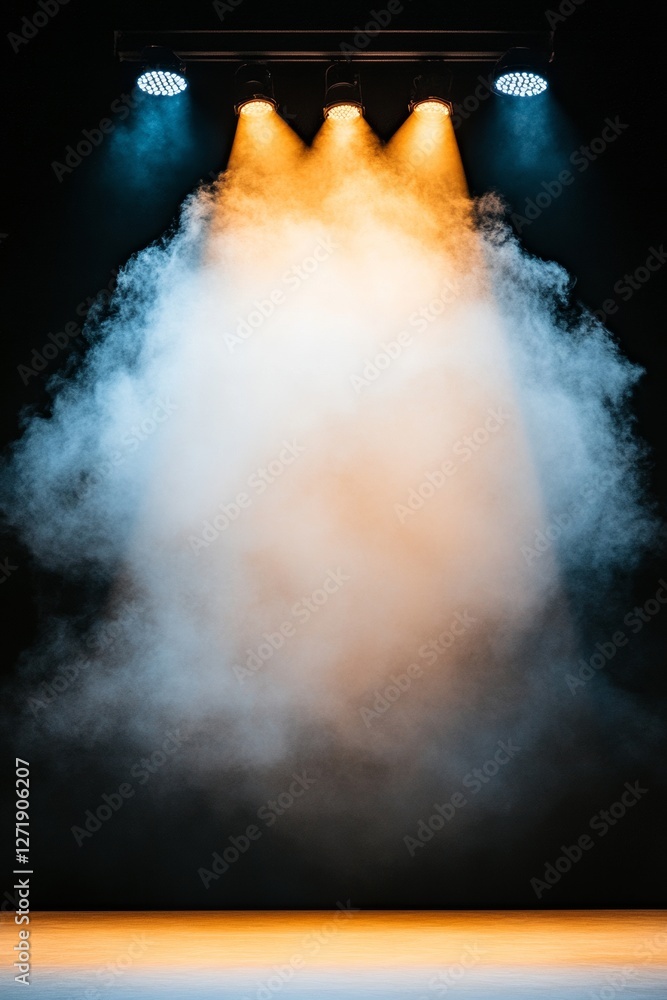 Poster Smoke-Infused Stage Platform with Dynamic Lighting Enhancing Theatrical Atmosphere for Event Production and Entertainment Marketing