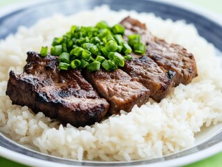 Grilled Bison on White Rice Kitchen Setting Food Photography Textured Background Close-Up Culinary Delight