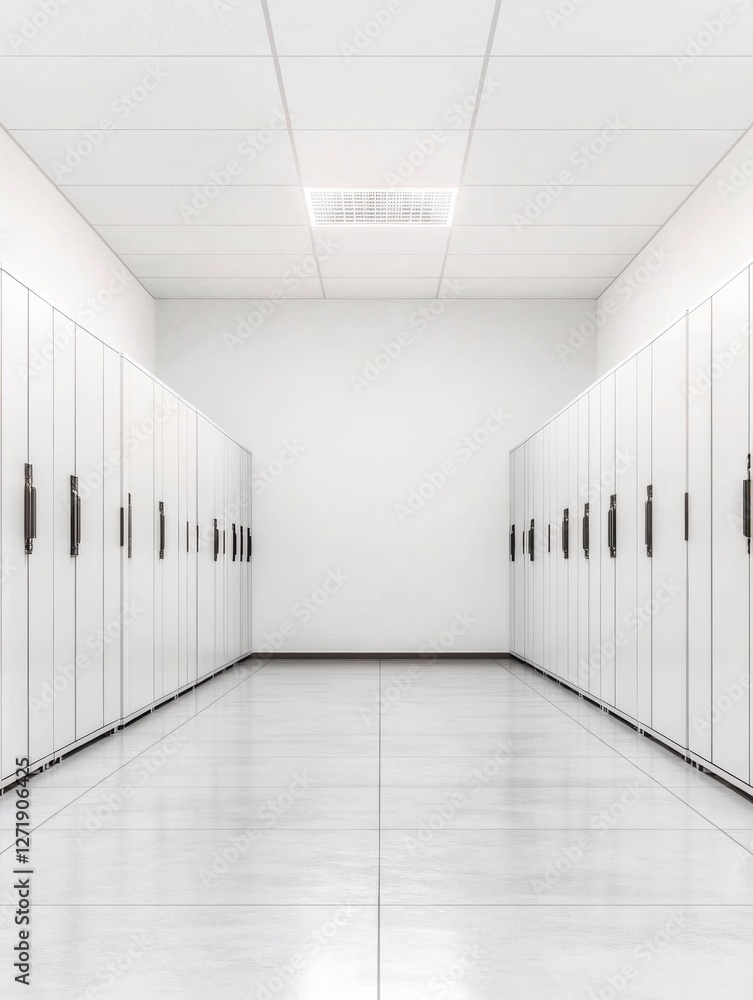 Poster Minimalist Data Center Corridor Sleek White Server Cabinets and LED Indicators - Advanced Digital Infrastructure and Cloud Solutions for Tech-Driven Business Efficiency