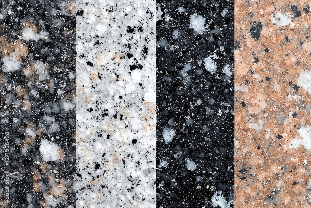 Poster a composite image showcasing four distinct granite textures, each exhibiting unique color variations