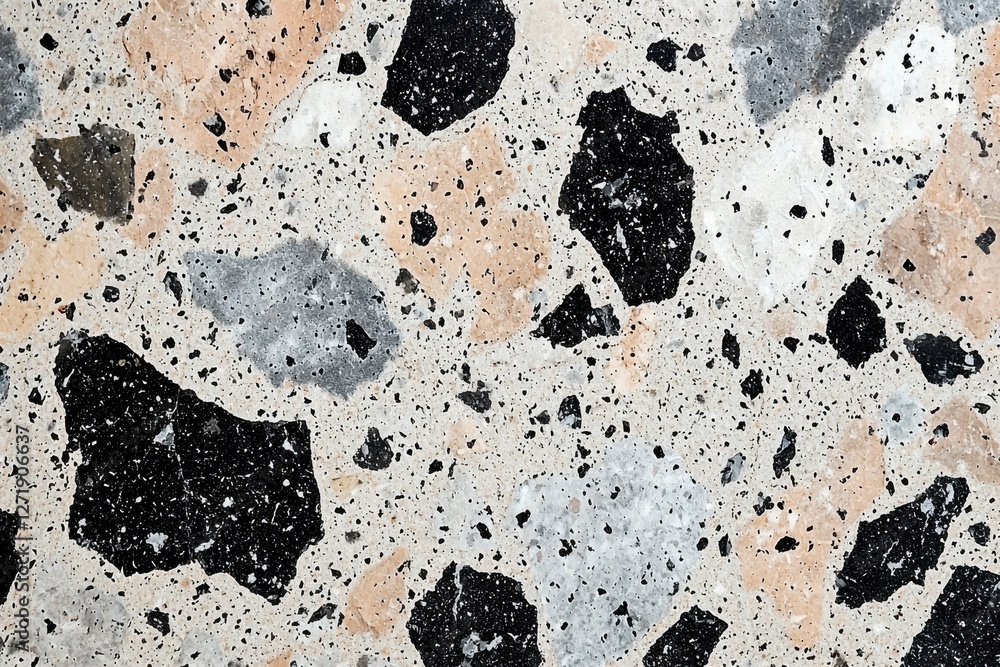 Poster a detailed view of terrazzo flooring, featuring an aggregate of marble chips and other materials in 
