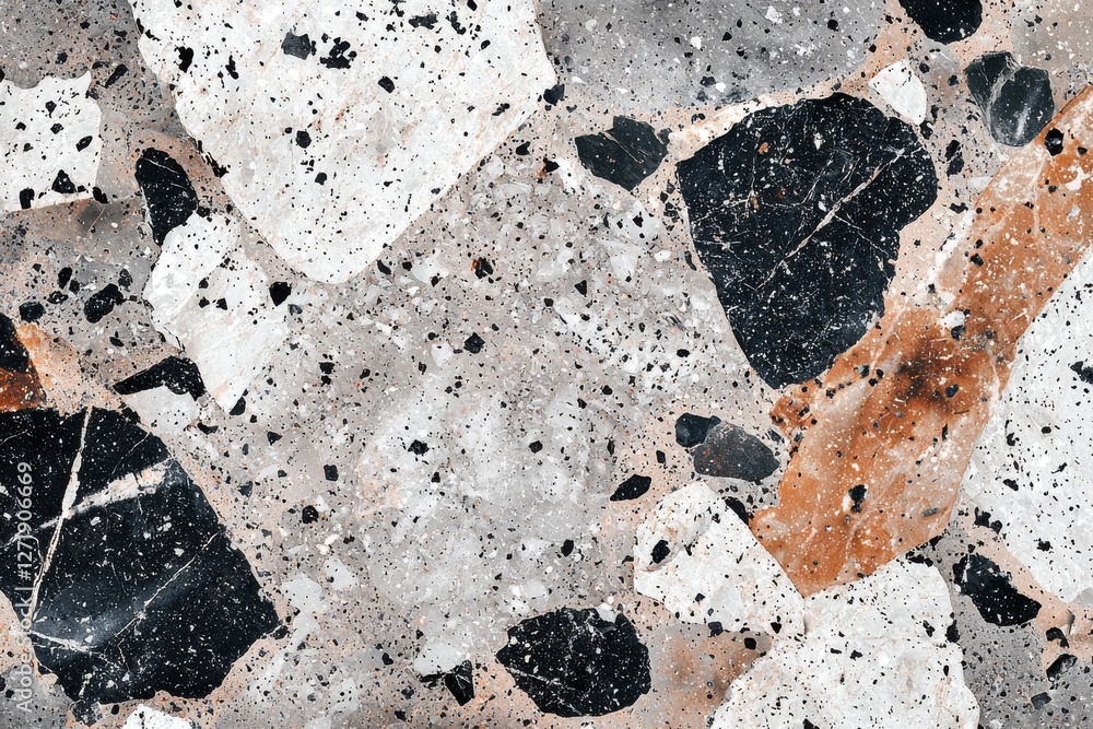 Poster detailed close-up of a terrazzo surface featuring a mix of colorful fragments and speckled textures,