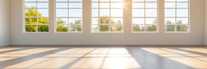 Fototapeta premium Sunlit Minimalist Dance Studio Design Wooden Floor and Mirrored Walls for Professional Training Facilities - Modern Aesthetic Enhancing Artistic Development Spaces