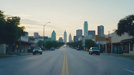 Obraz premium Early Morning City Street View with Sunrise Skyline