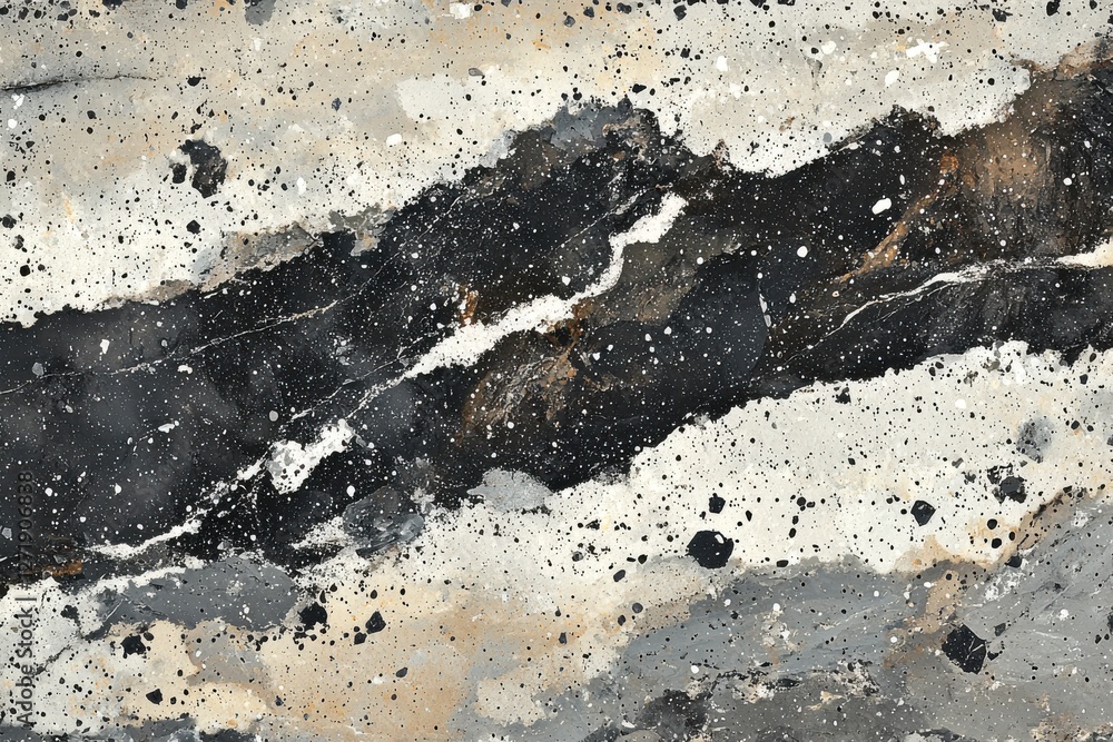 Poster abstract art featuring black, white, and gray fluid paint streaks with speckled textures, perfect fo