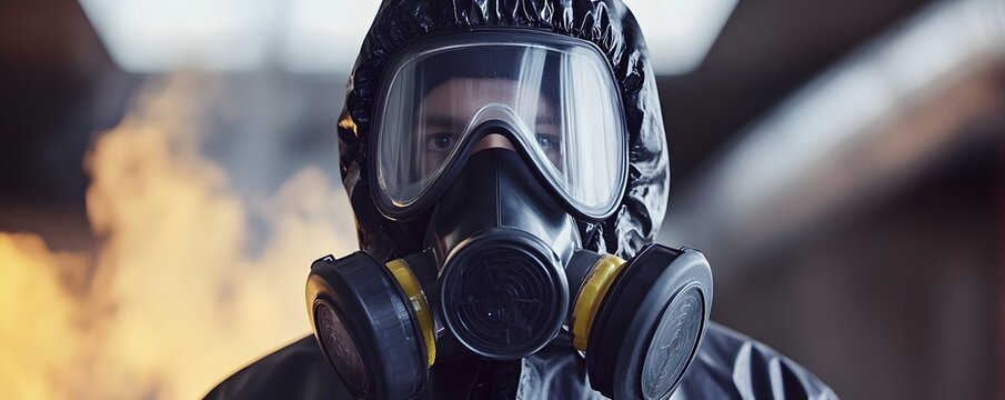 A worker equipped with a gas mask and protective gear stands in a hazardous environment, highlighting safety measures.