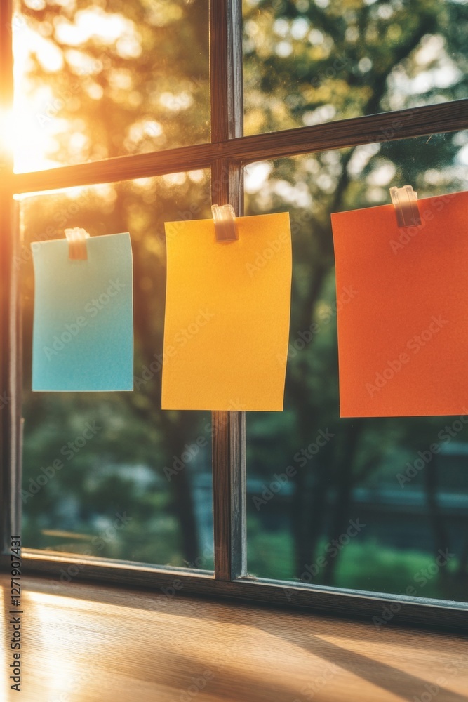 Poster sunlit sticky note display on rustic wood desk - inspiring creative workflows for modern office prod