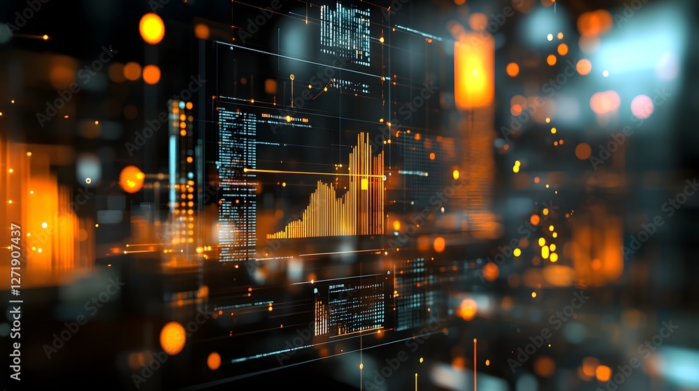 Poster abstract data visualization with glowing elements and graphs, representing digital trends and analyt