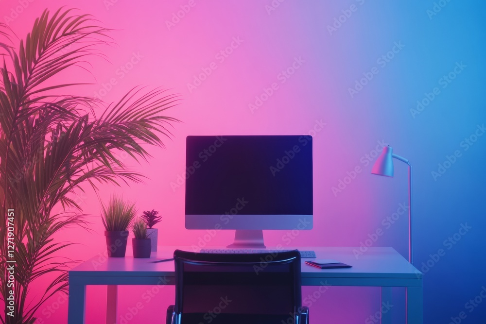 Aufkleber Neon Workspace Modern Desk Setup with Digital Device and Potted Plants - Dynamic Office Design for Innovative Professional Environment and Creative Workflow Optimization