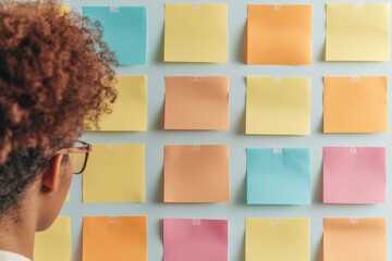 Modern Collaborative Workshop Diverse Team Engaging with Vibrant Sticky Notes on Wall - Strategic Brainstorming for Innovative Business Solutions and Creative Planning Sessions