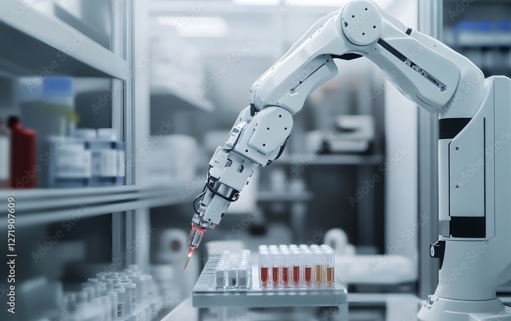 Poster advanced robotic arm in a lab handling vials for precise scientific analysis and research.