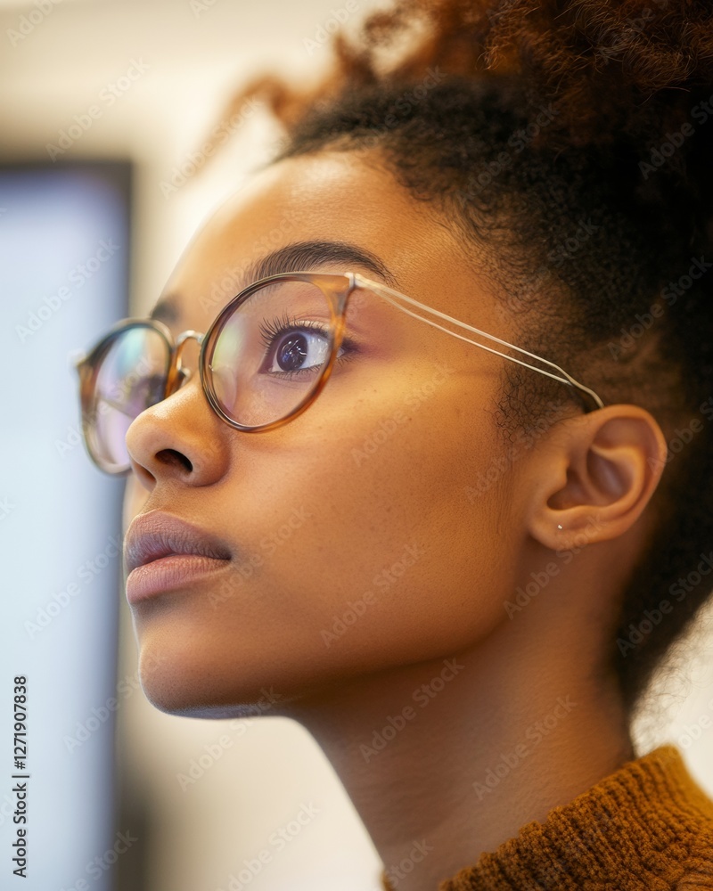 Poster Contemporary Workspace Aesthetic Young Female Programmer in Focus with Dual Monitors and Ergonomic Setup Enhancing Tech Skills for Modern Software Development