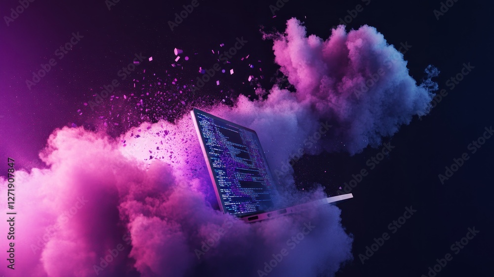 Poster abstract coding on laptop screen with colorful clouds background