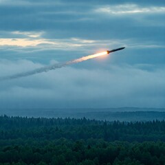 A view of a ballistic missile flying through the sky