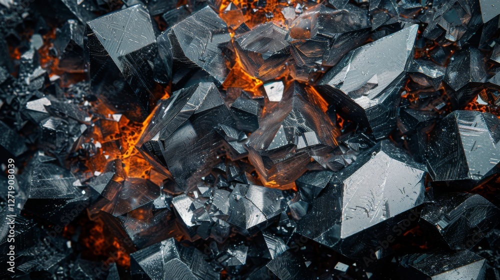 Poster Shattered crystals display sharp angles and surfaces with a captivating orange glow emanating from the center, creating a striking contrast against the dark background, enhancing texture and depth.